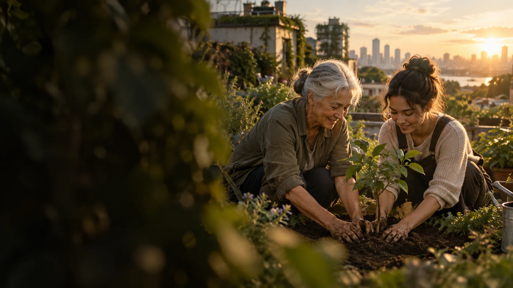 A grandmother and granddaughter plant a sapling together in a rooftop garden at sunrise