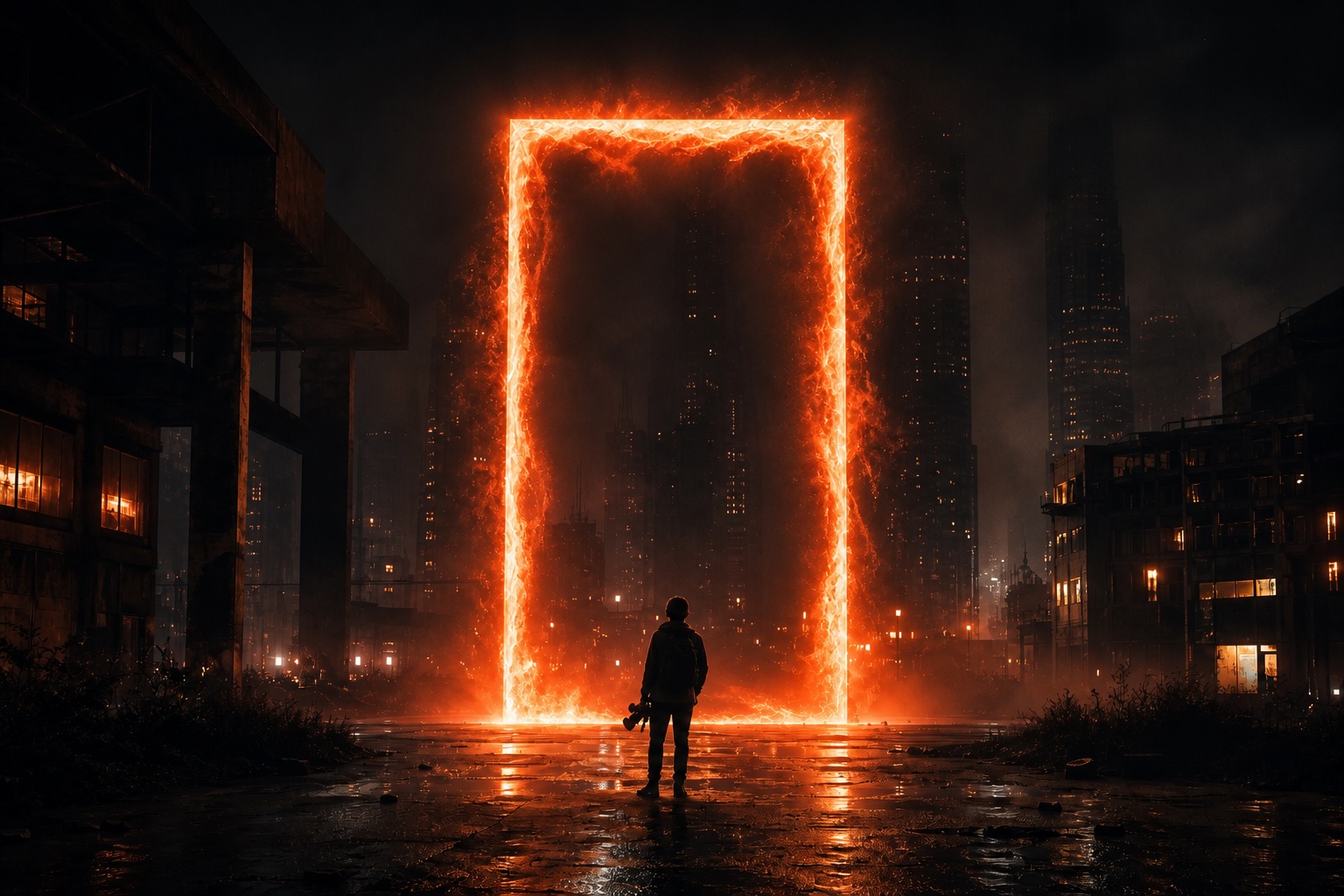 A filmmaker facing a luminous portal in a cinematic city